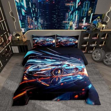 Imagem de Conjunto de cama solteiro com carro de corrida, carro esportivo legal, para crianças, meninos, azul-petróleo, lençol para meninos, listras com glitter, carros esportivos legais, macio, leve