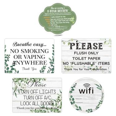 Imagem de Regras essenciais de aluguel de 5 peças para anfitriões, à prova d'água, durável, senha de Wi-Fi fofa, não fumar, não descarregar, desligar luzes e AC, adesivo de sinal de avaliação de estrelas para