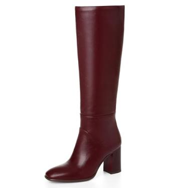 Imagem de EQAUDES Botas de cano alto femininas outono inverno camurça sintética bico quadrado salto bloco grosso botas largas moda zíper lateral bota longa, 1 vinho, 8.5