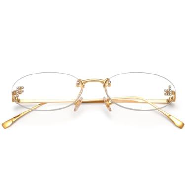 Imagem de Dollger Óculos de sol ovais modernos sem aro feminino masculino retrô Y2K armação pequena diamante anos 90 óculos escuros de designer de metal, C3: Transparente, Small