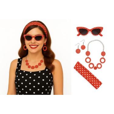Imagem de Kit Anos 50 E 60 Fantasia Retrô Vermelho Com 4 Peças - Bela Import