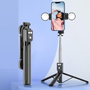 Imagem de Bastão de selfie rosa, um item essencial para meninas, antivibração, retrátil de 110 cm, com uma luz de preenchimento de beleza (destacável) e vem com um controle remoto Bluetooth (preto, modelo de
