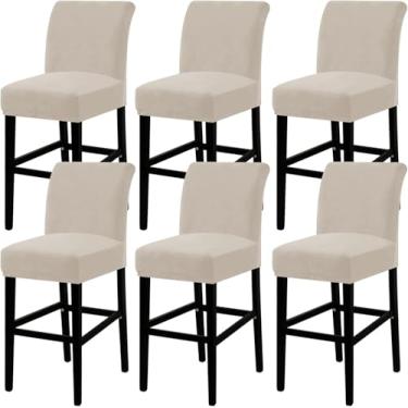 Imagem de Capas De Assento De Banqueta De Bar De Veludo Com Encostos, Capas De Almofada De Banqueta Elásticas Capas De Cadeira De Bar Macias Removíveis Capa De Banco De Bar Elá, Beige, 6 pieces