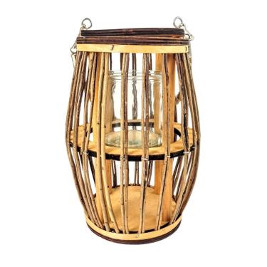 Imagem de Lanterna Lampião Castiçal Madeira Corda Vidro Rústico 22Cm