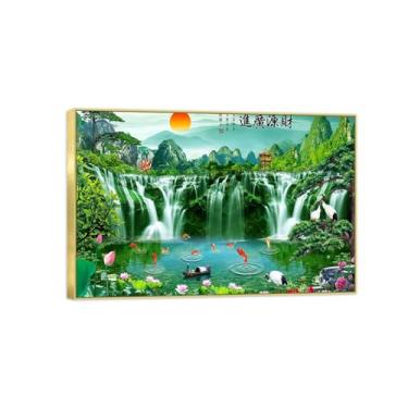 Imagem de BMZFYBS Impressão em tela de paisagem - Montanha Cachoeira Lótus Koi-Nature Wall Art Chinoiserie Imagem - Pôster de decoração de moldura dourada 40 x 60 cm 16 x 24 pol