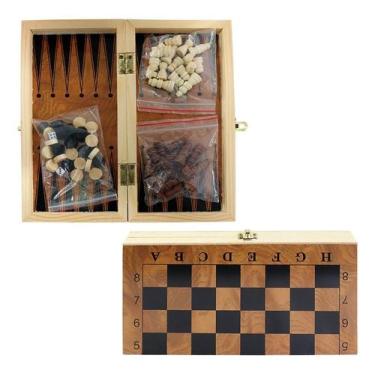 Imagem de Jogo de Tabuleiro 3 em 1 Xadrez Dama Gamão Maleta De Madeira Dobrável 
