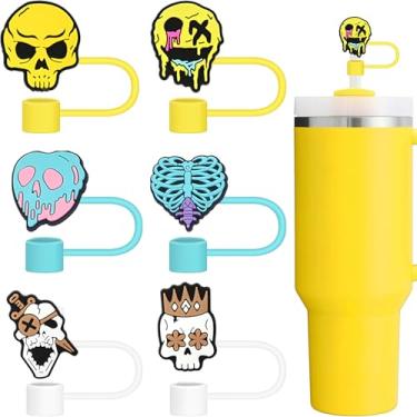 Imagem de Conjunto de topos de palha de Halloween, 6 peças de personagens de filmes de terror de 10 mm, tampas de palha compatíveis com Stanley Cups Copo de 30 e 1,134 g com alça, tampas reutilizáveis à prova