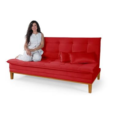 Imagem de Sofá Cama Melim Casal Premium 2 Lugares com Banquetas Revestimento Suede Vermelho Multifuncional 3 em 1 Reclinável Aconchegante