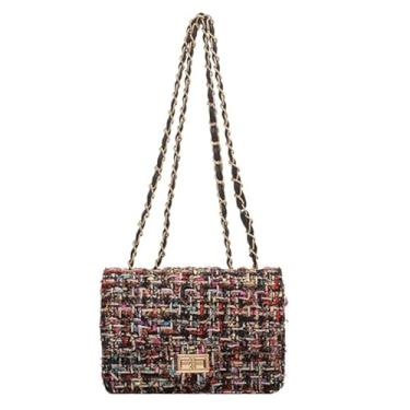 Imagem de DFJXXX Bolsas de ombro femininas xadrez de tweed, corrente de grande capacidade, bolsa quadrada para noite, bolsa tiracolo feminina de lã, bolsa clutch, Preto - 1, Retrô