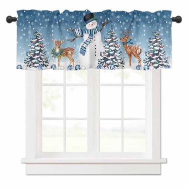 Imagem de Cortina de enfeite de boneco de neve de Natal para janelas de cozinha, árvore de Natal, veado, camada de inverno, azul, ombré, cenário de neve, tratamento de janela, sanefas para quarto/sala de estar