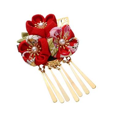Imagem de Beaupretty Grampo de cabelo quimono grampo de cabelo japonês prendedor de pino de quimono com borla clipe retrô acessórios de Hanfu chinês tradicional (vermelho) acessórios de noiva clipe floral