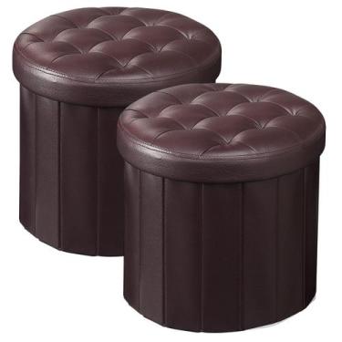 Imagem de Cesta otomana de armazenamento com couro marrom de armazenamento - Bsk