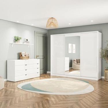 Imagem de Conjunto com Cômoda 8 Gavetas e Guarda-roupa 3 Portas com Espelho Port