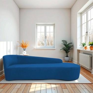 Imagem de Recamier Curvo Orgânico 200cm 3 Lugares Lado Direito para Sala Estar e Linho Paris Azul royal