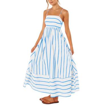 Imagem de Vestido maxi chouyatou feminino listrado nas costas com blusa azul e b