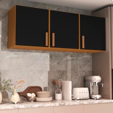 Imagem de Armário Aéreo para Cozinha e Lavanderia, 120x42x30cm, 3 Portas, Montagem na Parede, Multiuso (Cedro/Preto)