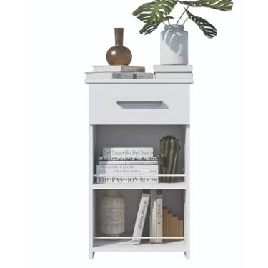 Imagem de Mesa Lateral Moderna com Luminária, Branca, 3 Prateleiras, Organizador de Livros e Revistas, 80 cm de Altura