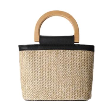 Imagem de Bolsa de palha feminina moderna pequena bolsa de tecido com alça de madeira para viagens de compras, A01 - Preto