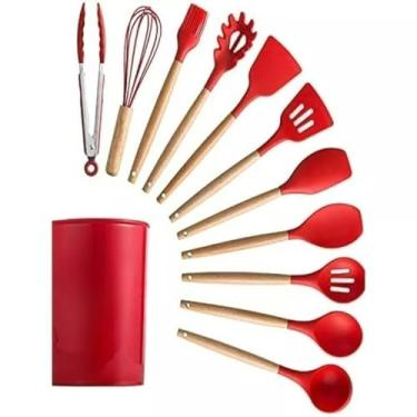 Imagem de Conjunto De 12 Colheres De Silicone Para Cozinha Com Cabo De Madeira E Suporte | UtensíLios Para Panelas Antiaderentes, EspáTula, Concha, Misturador(vermelho)