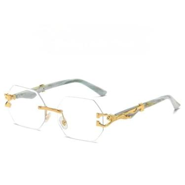 Imagem de VFDHN Óculos de sol sem aro feminino e masculino, armação pequena retangular, corte octogonal, retrô, UV400 (dourado transparente)