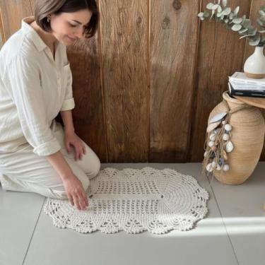 Imagem de Tapete Avulso Oval Leque 70x45cm Crochê - Maria Croche Veronez, Cru