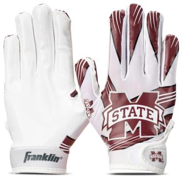 Imagem de Franklin Sports Luvas de futebol americano Mississippi State Bulldogs Kids – Youth Official NCAA College Team – palma de silicone para crianças de 7 a 10 anos – jovens pequenas/extra pequenas