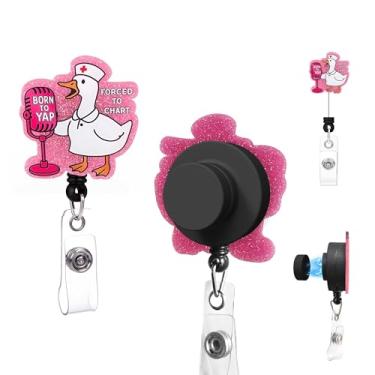 Imagem de Porta-crachá magnético fofo rosa silly goose carretel retrátil para crachá, clipe engraçado de acrílico para cartão de identificação para enfermeiras, médicos, assistentes sociais
