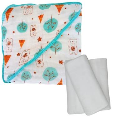 Imagem de Kit Toalha de Banho Bebê Soft com Capuz + 3 Fraldas de Ombro Brancas com Bainha 100% Algodão (Urso Oca)