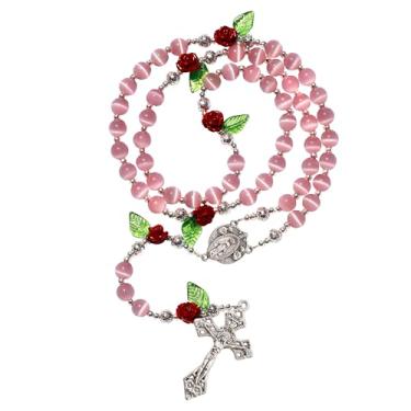 Imagem de HELLOWIN Colar de rosário católico com contas de olho de gato branco de 8 mm com contas de glória rosa coral na Virgem Maria bolsa de couro PU para mulheres, Regular Size, Vidro vidro Vidro olho de