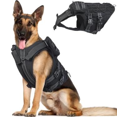 Imagem de DORA BRIDAL Peitoral tático para cães de médio e grande porte, casaco de inverno com arnês, peitoral refletivo ajustável para cães de serviço militar com bolsas para treinamento, caminhada, preto, GG