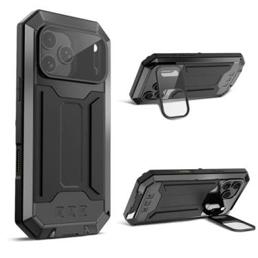 Imagem de FunnyWin Capa de metal compatível com iPhone 17 Pro Max com suporte para câmera Gorilla Glass integrado, híbrido, militar, armadura de silicone resistente, capa de telefone resistente para homens e