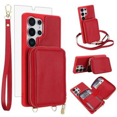 Imagem de Capa de celular para Samsung Galaxy S24 Ultra 5G carteira celular com protetor de tela de vidro temperado, alça transversal, cordão com bloqueio de RFID, suporte para cartão de crédito S24Ultra 24S S