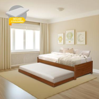 Imagem de Cama Solteiro com Auxiliar Bibox Bicama Infantil Gabrieli com 2 Colchões Inclusos Castanho