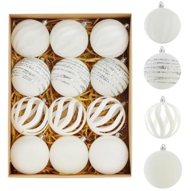 Imagem de Conjunto de 12 bolas de veludo flocadas de 8 cm com desenhos pintados à mão, decorações de árvore de Natal elegantes brancas em caixa de presente