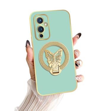 Imagem de nancheng Capa borboleta de suporte para OnePlus 9 Capa à prova de choque com cordão, verde claro