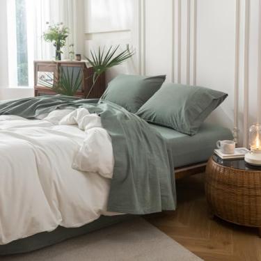 Imagem de BDEAR Jogo de cama queen verde mesclado 4PS, Oeko-TEX padrão, 100% algodão lavado, linho, lençol com elástico alto, lençol de cima aconchegante e 2 fronhas