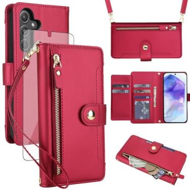 Imagem de Asuwish Capa de celular para Samsung Galaxy A55 5G carteira com zíper, protetor de tela de vidro temperado e alça de pulso transversal, suporte flip para cartão de crédito A 55 55A A555G feminino
