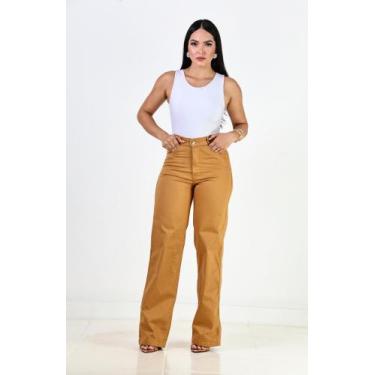 Imagem de Calça Jeans Feminina Caramelo Wideleg Cintura Alta - Mundi Moda, 40