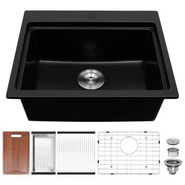 Imagem de Davivy Lavatório de cozinha composto de granito preto de 55 cm, pia de cozinha preta, 55 x 48 cm, pia de cozinha de quartzo, pia de cozinha em composto preto fosco