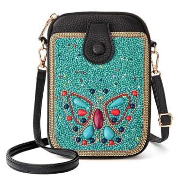 Imagem de Ayuoejik Bolsa transversal feminina pequena para celular, carteira Boho com contas e estampas requintadamente feitas à mão, Borboleta - Azul