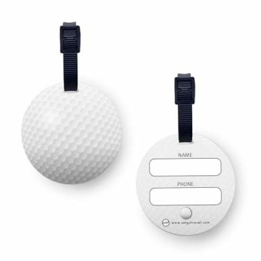 Imagem de SetGo Etiquetas de bagagem redondas esportivas (conjunto de 2) – Suporte de identificação de mala durável com parte traseira e alça – Escolha o design de bola de boliche ou bola de golfe, Azul marino