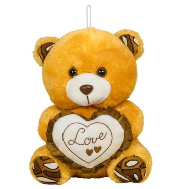 Imagem de Ursinho de Pelúcia com Coração 21cm – Bordado ou Lantejoulas Brilhantes (CARAMELO)