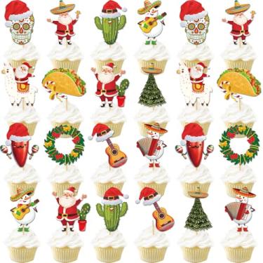 Imagem de VorkiVecKi Feliz Navidad Cupcake Toppers - 24 Pcs Mexican Christmas Party Decorations Cup Cake Toppers Picks, Funny Fiesta Santa Taco Sombrero Cactus Holiday Party Decor Supplies for Kids Women Men