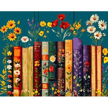 Imagem de JJBSWYMT Kit de pintura de livros por números para adultos iniciantes, kits de pintura de flores DIY por números, tinta acrílica de cor fácil em tela, kits de pintura de flores, decoração de parede