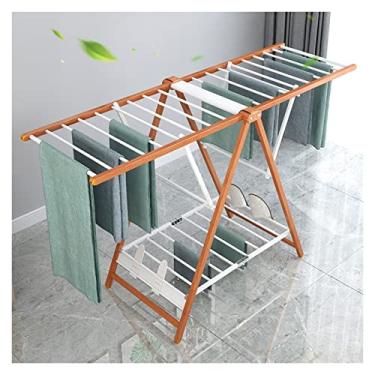 Imagem de Lavandaria moderna minimalista liga de alumínio 2 camadas escorredor de roupas, chão ao teto, dobrável em forma de asa de grão de madeira rack de secagem de roupas ao ar livre (tamanho: 1,45 m) (1,45