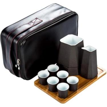 Imagem de JOEUQK Conjunto de saquê japonês com saco de armazenamento, conjunto tradicional de 10 peças, incluindo 1 copo de aquecimento, 1 xícara de saquê, 6 xícaras de saquê, 1 bandeja e fogão de vela