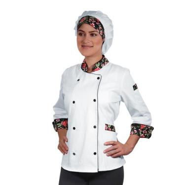 Imagem de Dólmã Para Chef De Cozinha Feminina Acinturada Floral Rosas 100% Algod