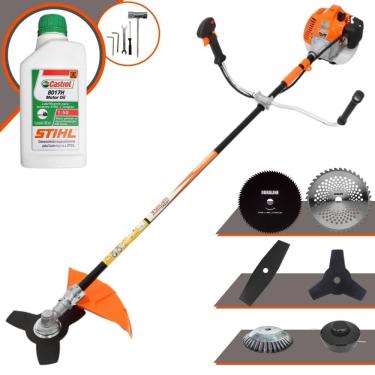 Imagem de Roçadeira Aparador de Grama À Gasolina Vulcan VR520H 52cc 2,5HP 10.000rpm Completo Com Kit 4 Lâminas + Carretel de Nylon + Escova de Aço + ÓLEO STIHL