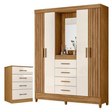 Imagem de Guarda Roupa Solteiro com Espelho Atenas e Cômoda MS913 Freijó Off Whi