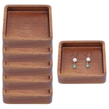 Imagem de MAYJOYDIY Bandeja de anel quadrada de madeira com 6 peças, 9 x 9 cm, bandeja decorativa de joias de madeira de acácia, pequenas bandejas de banheiro para colar, pulseira, decoração de festa de